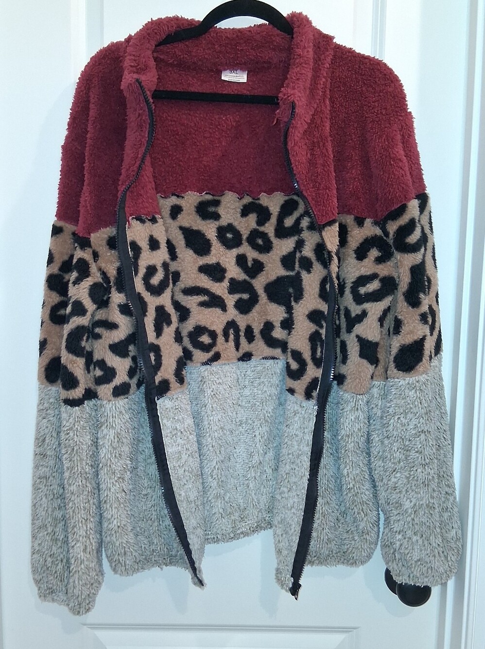 Cozy Colorblock Teddy Jacket with Leopard Panel - Rust/Tan/Cream - Picture 4 of 4